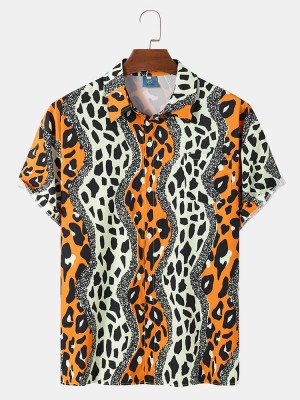 Mens Leopard Print Chest Pocket Street Short Sleeve Shirts