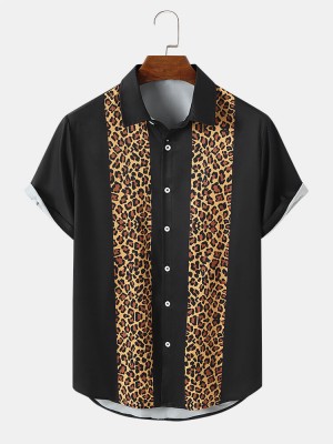 Mens Leopard Print Button Up Lapel Short Sleeve Shirts