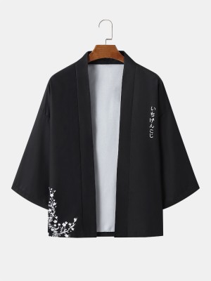 Mens Monochrome Japanese Floral Print 3 4 Sleeve Kimono