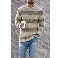 Mens Autumn And Winter Fashion Round Neck Knitted Top Striped Casual Sweater