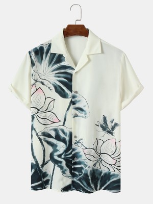 Mens Lotus Print Wash Painting Hem Cuff All Matched Shirts