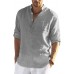 Men's Standing Collar Plain Cotton Linen Short Sleeve Fashion Casual Long-sleeved Shirt