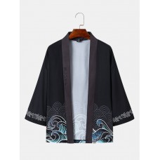 Mens Japanese Wave Print Open Front Loose 3 4 Sleeve Kimono