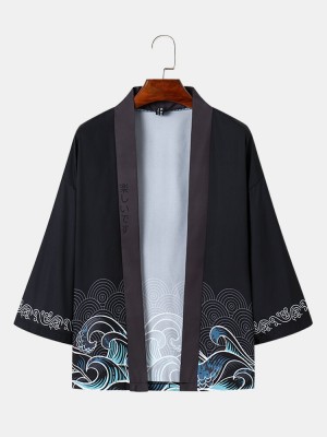 Mens Japanese Wave Print Open Front Loose 3 4 Sleeve Kimono