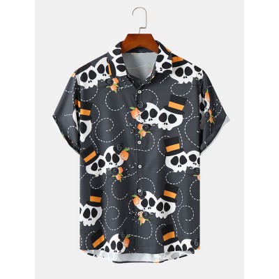 Mens Halloween Funny Head Pattern Short Sleeve Front Buttons Shirts