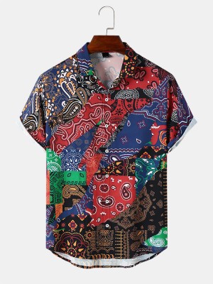 Mens Multicolor Paisley Asymmetric Stitching Short Sleeve Shirts