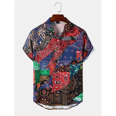 Mens Multicolor Paisley Asymmetric Stitching Short Sleeve Shirts